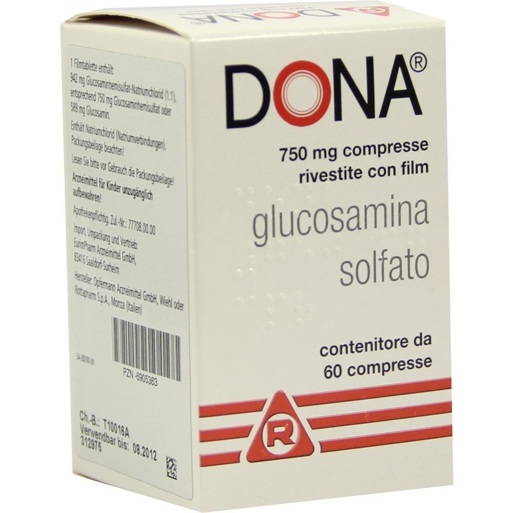 Verpackung f&uuml;r Glucosaminsulfat-Tabletten mit 750 mg und 60 St&uuml;ck.