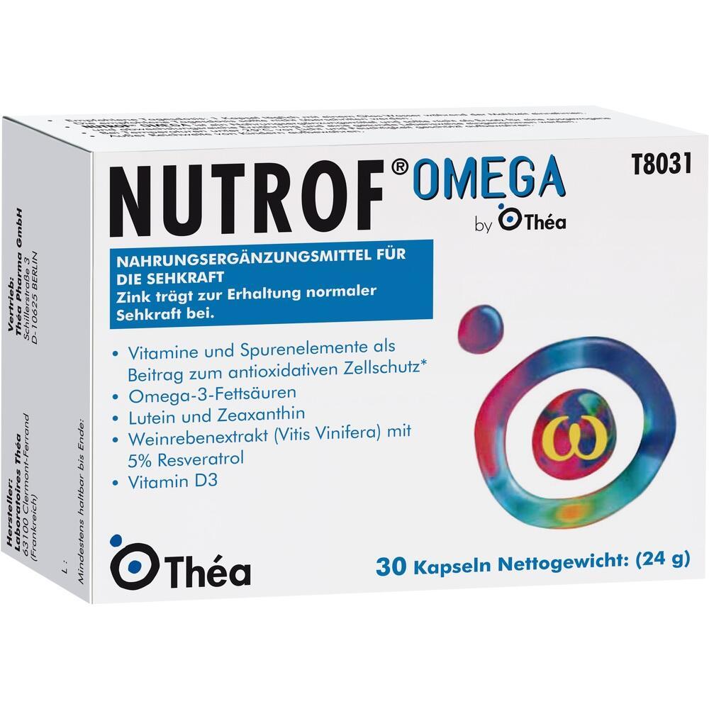 Verpackung von Nutrof Omega, einem Nahrungserg&auml;nzungsmittel f&uuml;r die Sehkraft mit Vitaminen.