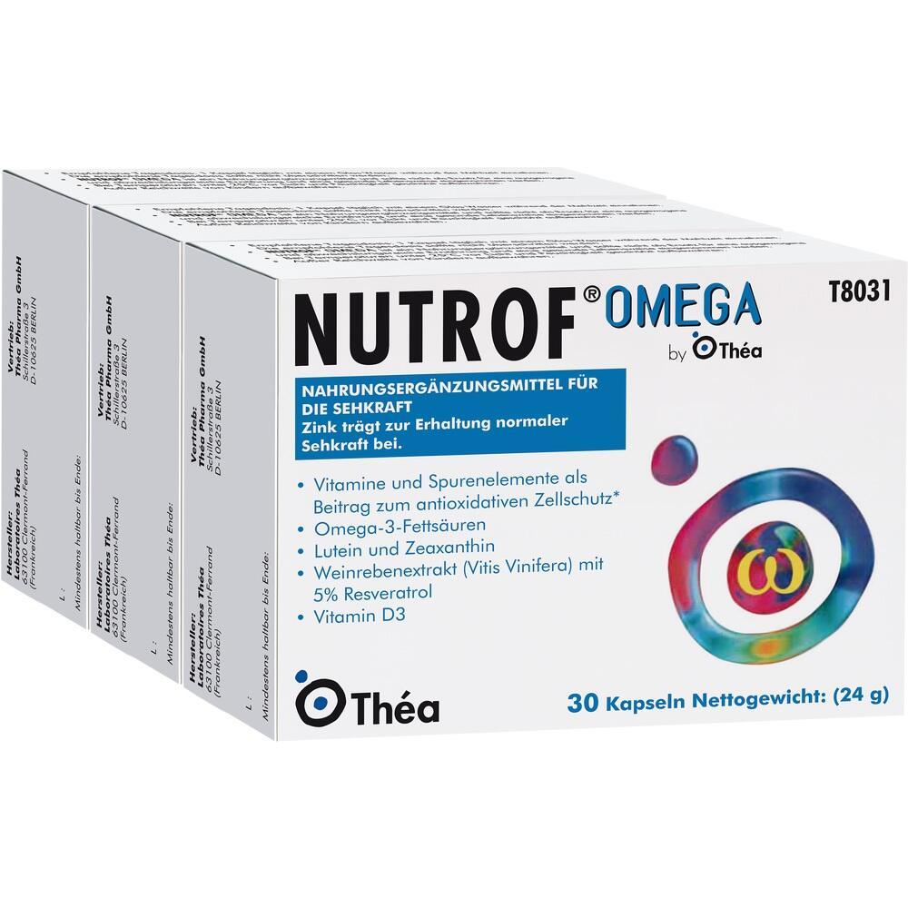 Eine Packung Nutrof Omega Nahrungserg&auml;nzungsmittel zur Unterst&uuml;tzung der Sehkraft.