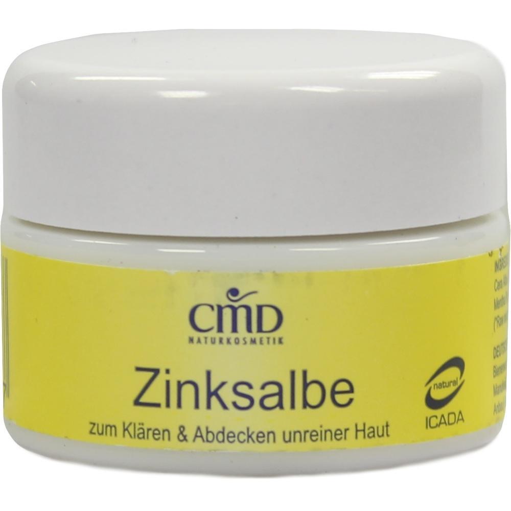 Wei&szlig;e Dose mit gelbem Etikett, darauf steht: CMD Zinksalbe f&uuml;r unreine Haut.
