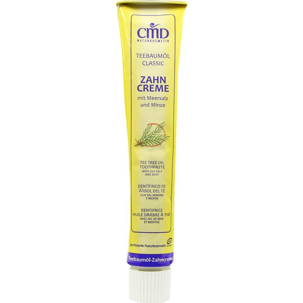 Gelbe Zahnpasta-Tube mit der Aufschrift "Teebaum&ouml;l Zahncreme".