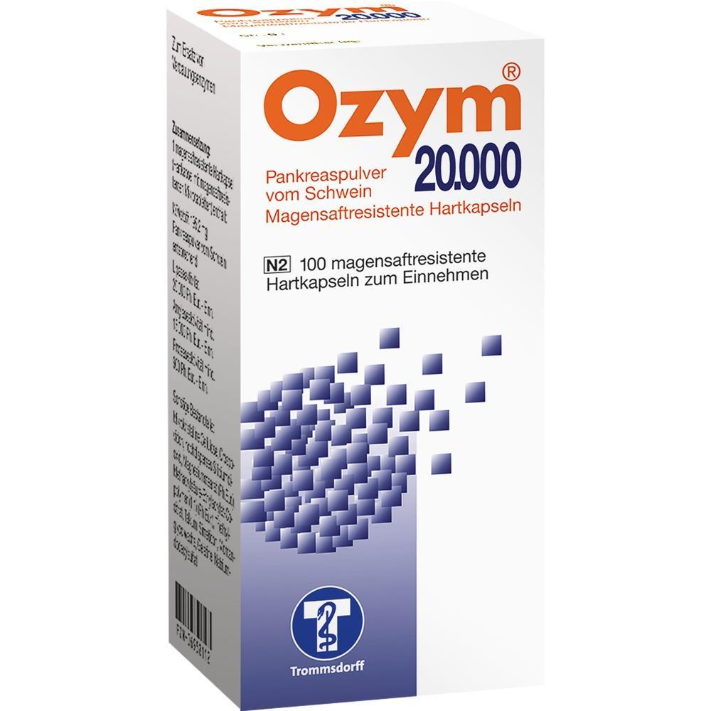 Eine Packung magensaftresistente Hartkapseln namens Ozym 20.000.