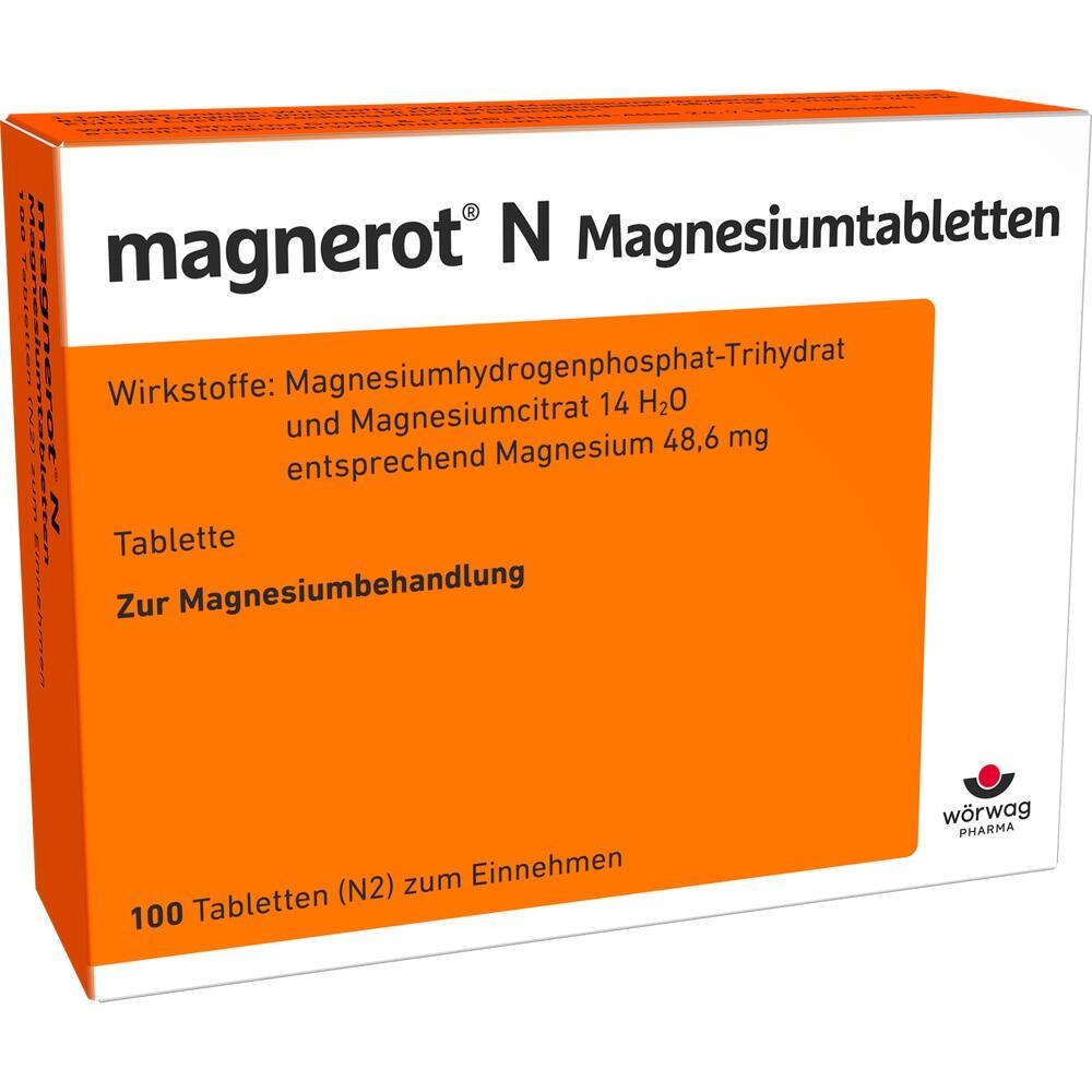 Orange Verpackung von Magnesiumpillen mit Informationen zur Behandlung.