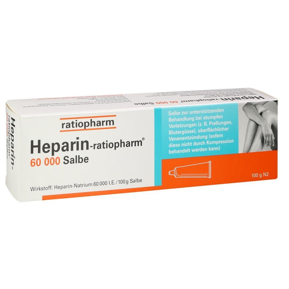 Eine Schachtel Heparin-ratiopharm Salbe gegen Prellungen und Blutergüsse.