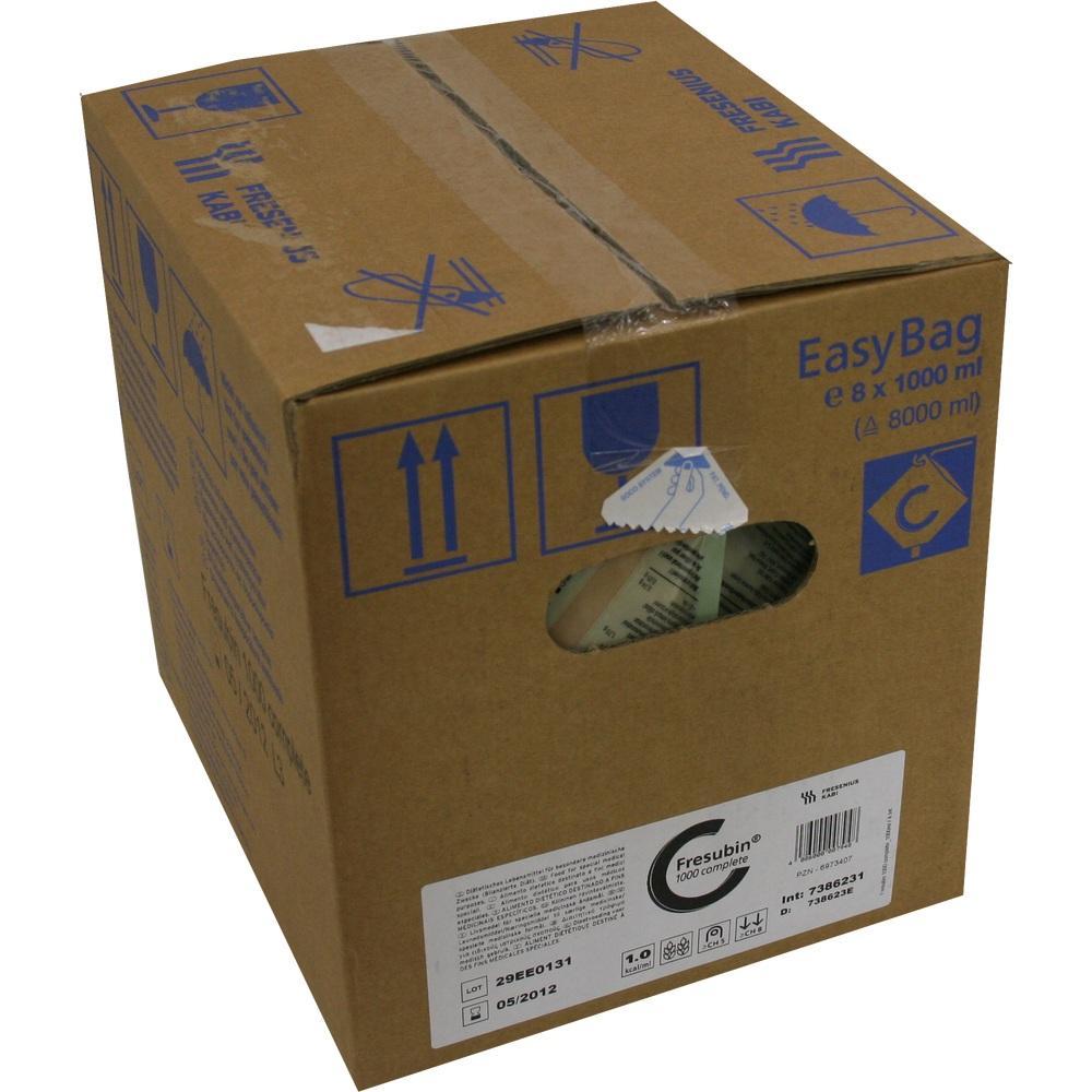 Brauner Karton mit blauen Symbolen und Beschriftung "EasyBag Fresubin".