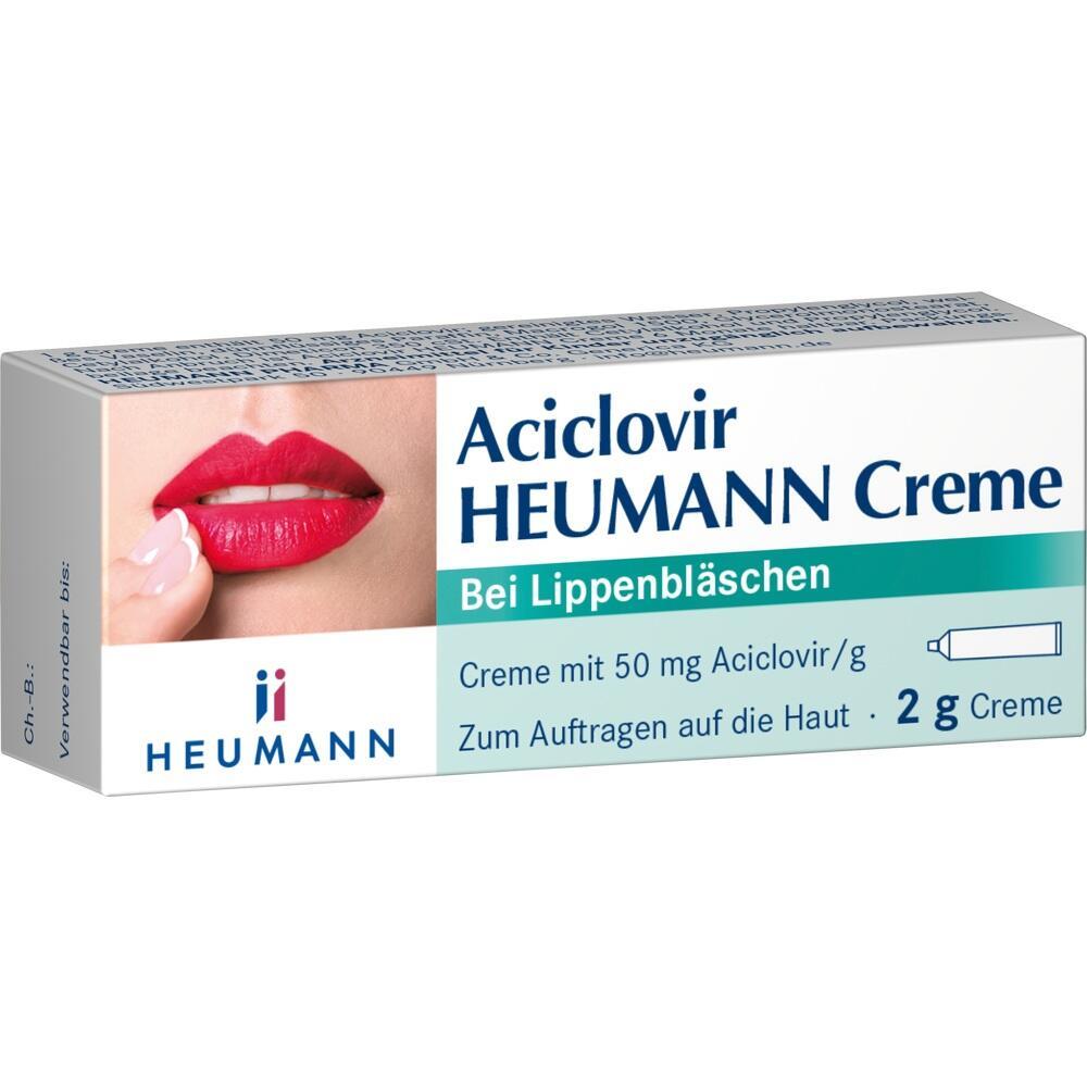 Packung von Aciclovir-Creme zur Behandlung von Lippenbläschen.