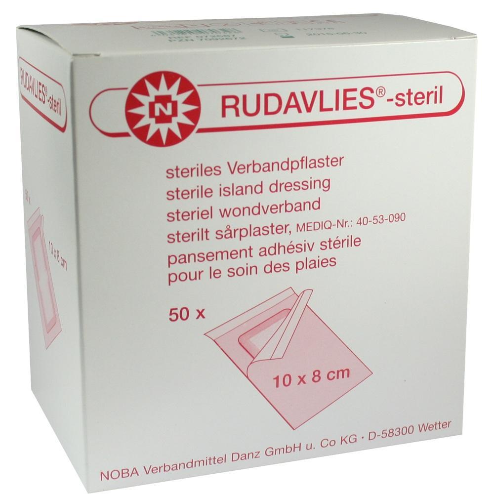 Wei&szlig;e Schachtel mit der Aufschrift "Rudavlies -steril" und Abbildung eines Pflasters.