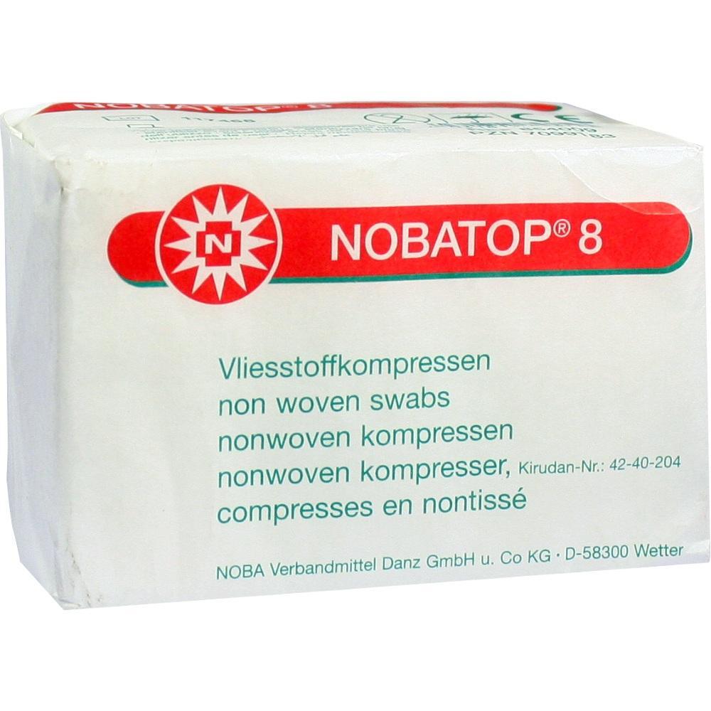 Eine wei&szlig;e Packung mit der Aufschrift "NOBATOP 8 Vliesstoffkompressen".