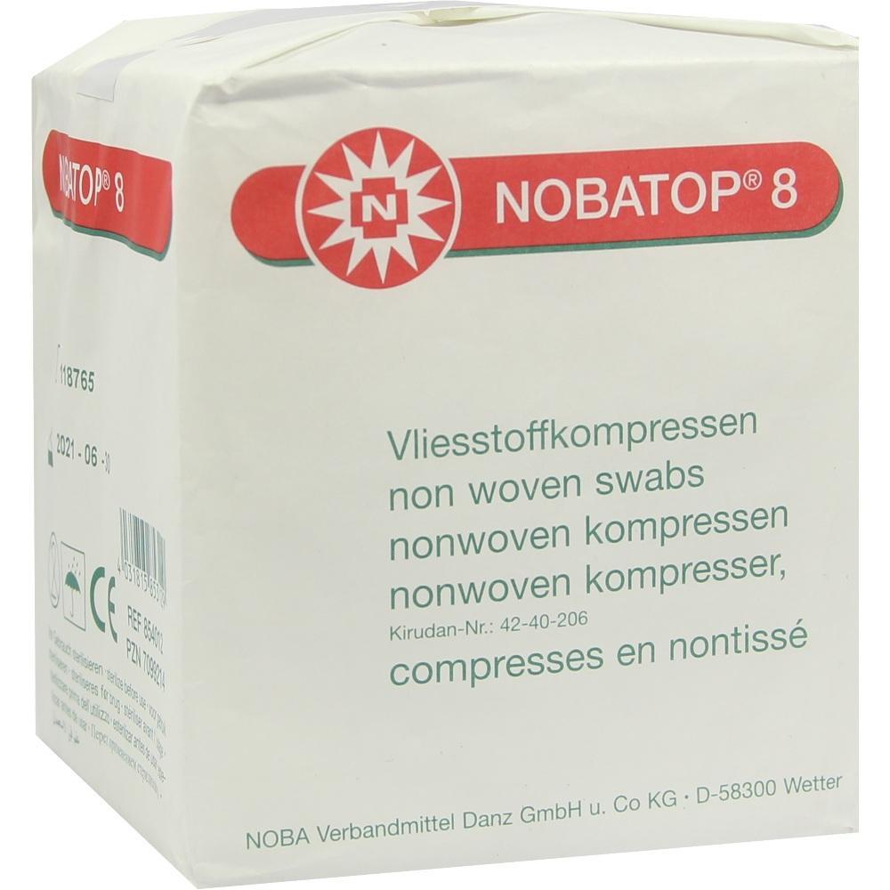 Eine Packung mit Vliesstoffkompressen der Marke Nobatop 8.