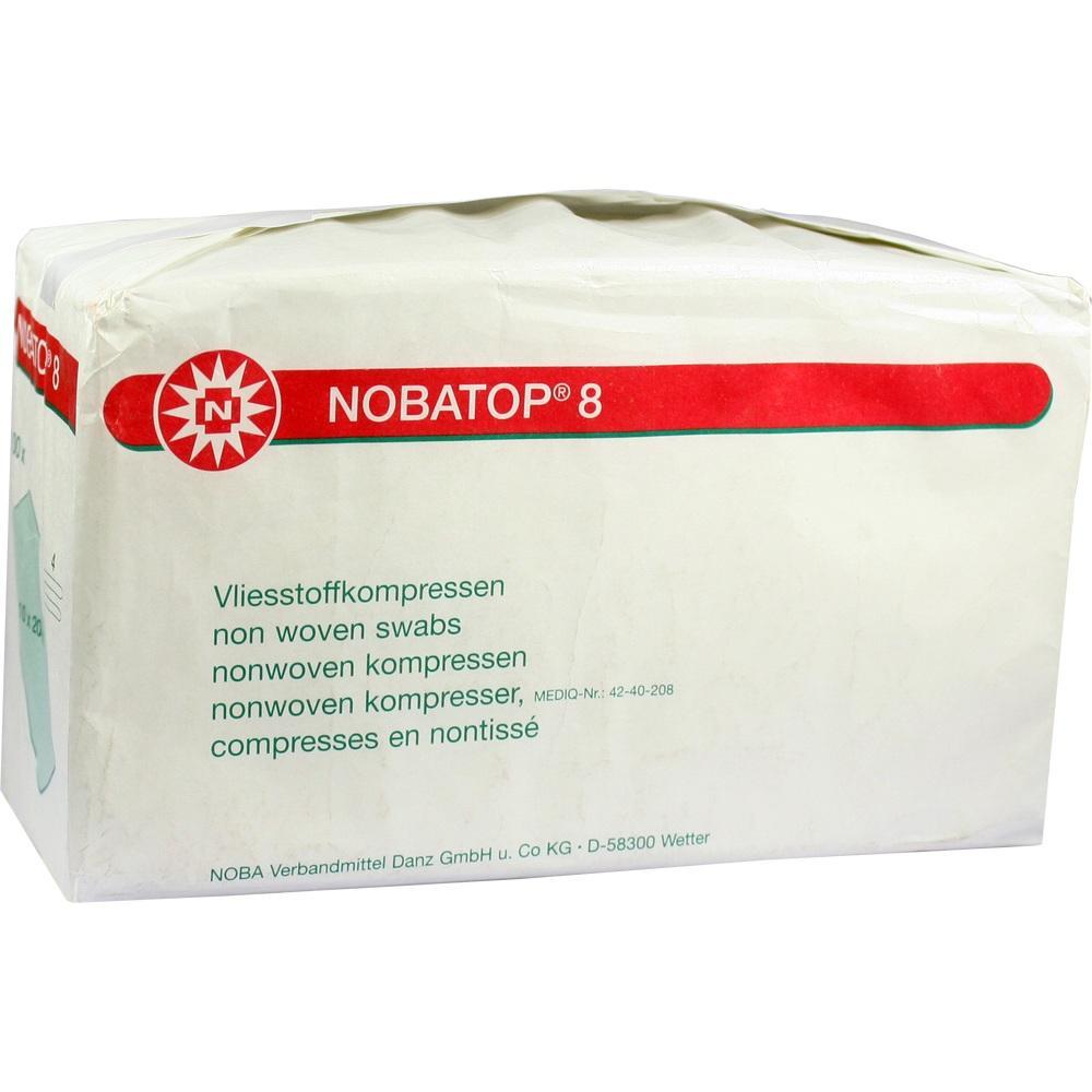 Eine Packung mit Vliesstoffkompressen der Marke NOBATOP 8.