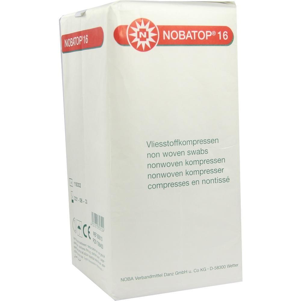 Eine wei&szlig;e Verpackung mit Kompressen der Marke "Nobatop 16".