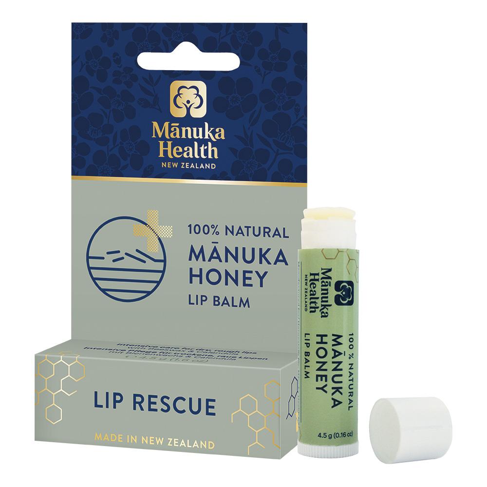 Ein Lippenbalsam aus Manuka-Honig mit seiner Verpackung ist abgebildet.