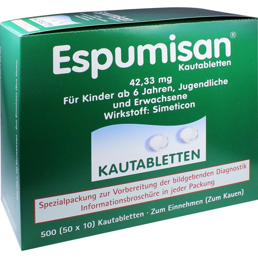 Eine gr&uuml;ne Packung Espumisan Kautabletten f&uuml;r Kinder ab 6 Jahren und Erwachsene.