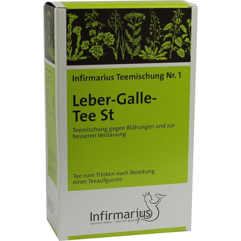 Grüne Teeverpackung mit Aufschrift "Leber-Galle-Tee St" für Verdauungshilfe.