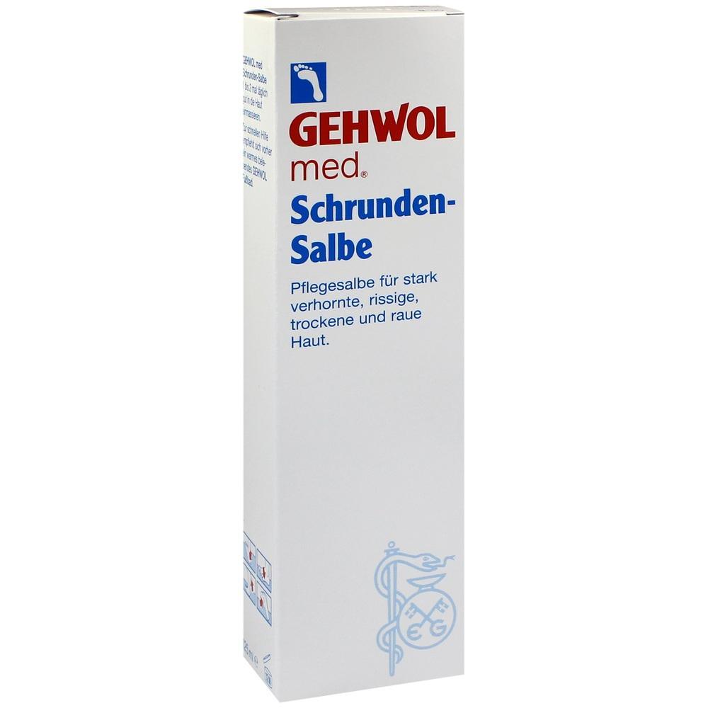 Weiße Schachtel mit der Aufschrift "GEHWOL med Schrunden-Salbe" für trockene Haut.