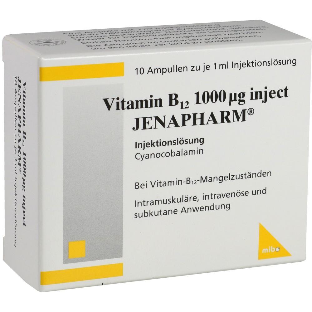 Eine Packung Vitamin-B12-Injektionslösung mit 10 Ampullen.