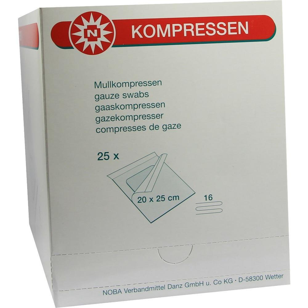 Eine Packung mit 25 Mullkompressen, Gr&ouml;&szlig;e 20x25 cm.