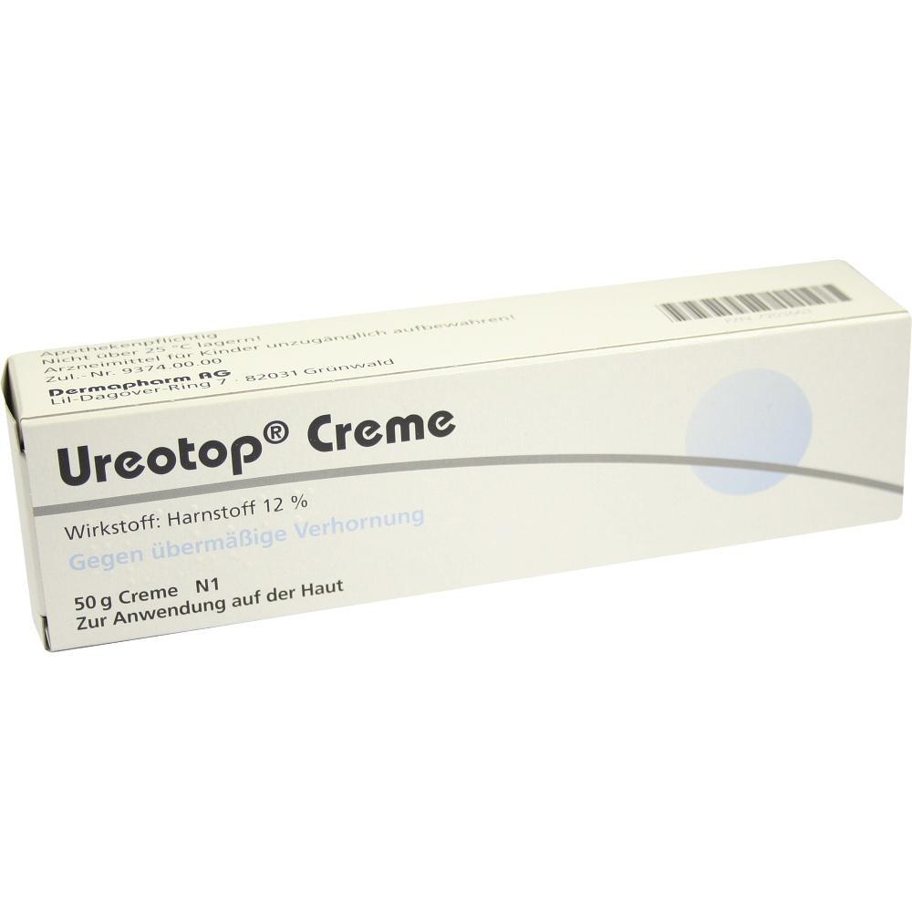 Weiße Creme-Packung mit der Aufschrift "Ureotop", enthält Harnstoff gegen Verhornung.