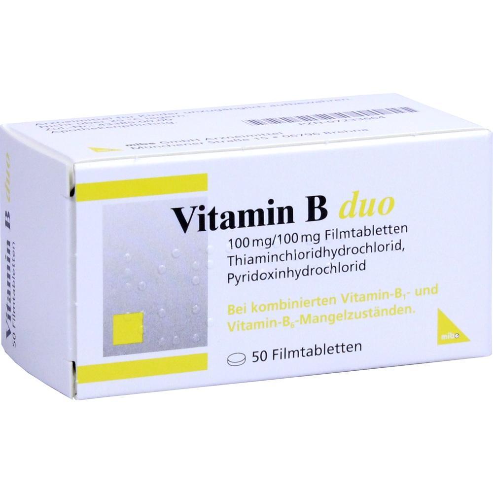 Eine Packung mit Vitamin B duo Tabletten gegen Vitamin-B1 und B6 Mangel.