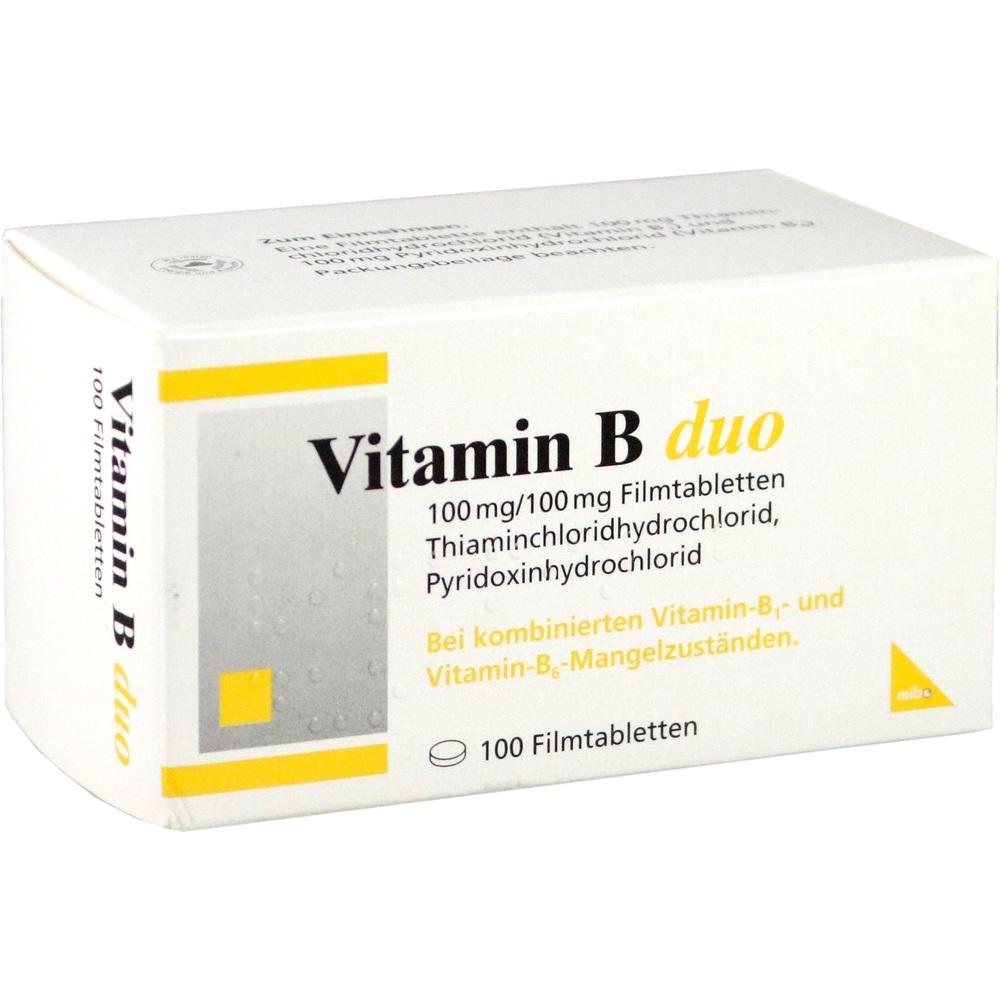 Eine Packung mit Vitamin-B-duo-Tabletten gegen Vitaminmangel.