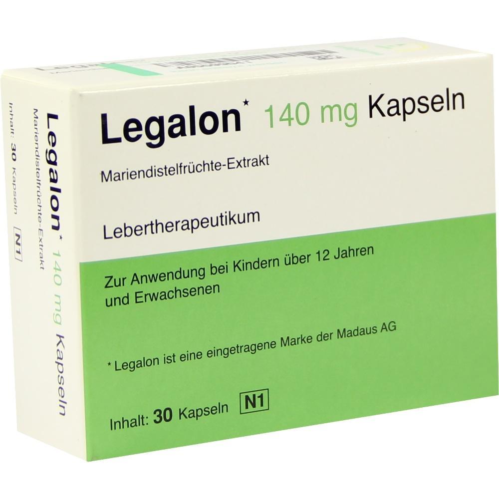 Eine Packung Legalon 140 mg Kapseln zur Lebertherapie.