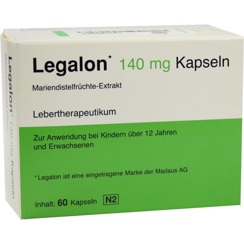 Eine wei&szlig;e und gr&uuml;ne Packung mit 60 Legalon 140 mg Kapseln f&uuml;r die Leber.