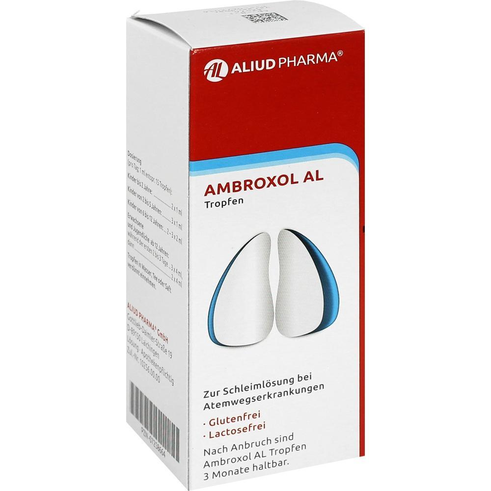 Eine Packung Ambroxol AL Tropfen von Aliud Pharma f&uuml;r Atemwegserkrankungen.