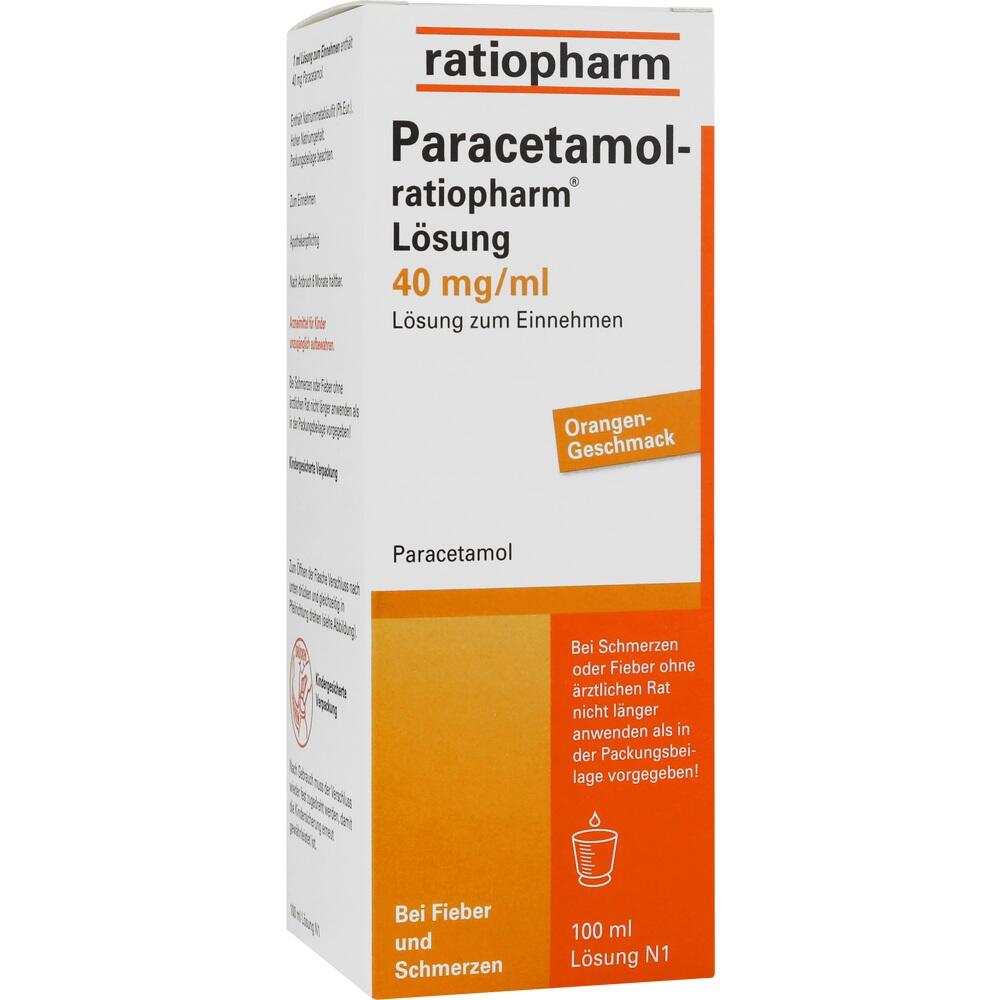 Eine Schachtel Paracetamol-Lösung von ratiopharm, 40 mg/ml, mit Orangengeschmack.