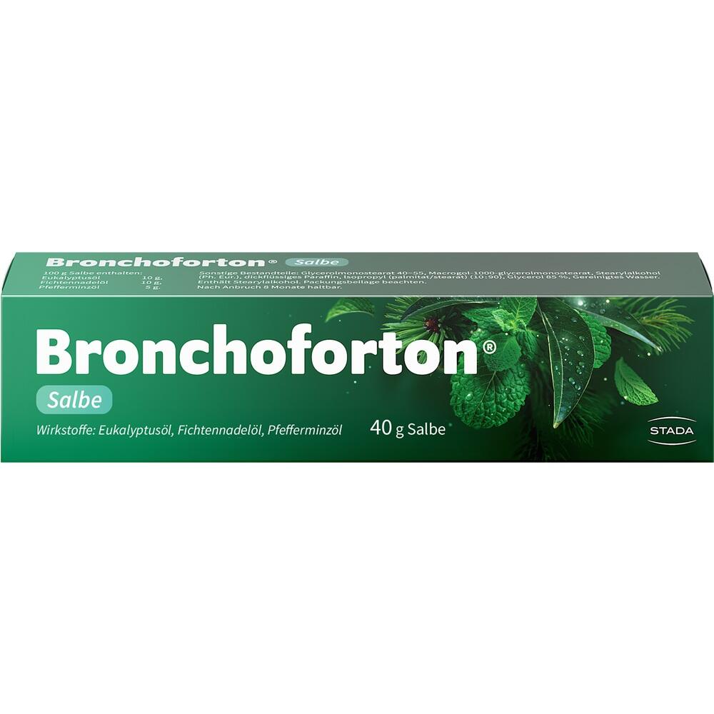 Eine grüne Schachtel mit Bronchoforton-Salbe aus Eukalyptus, Fichtennadel und Pfefferminze.