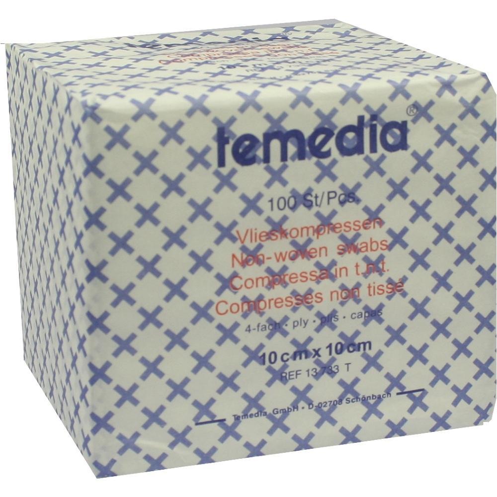 Eine Packung Vlieskompressen mit blauem Muster und rotem Text.