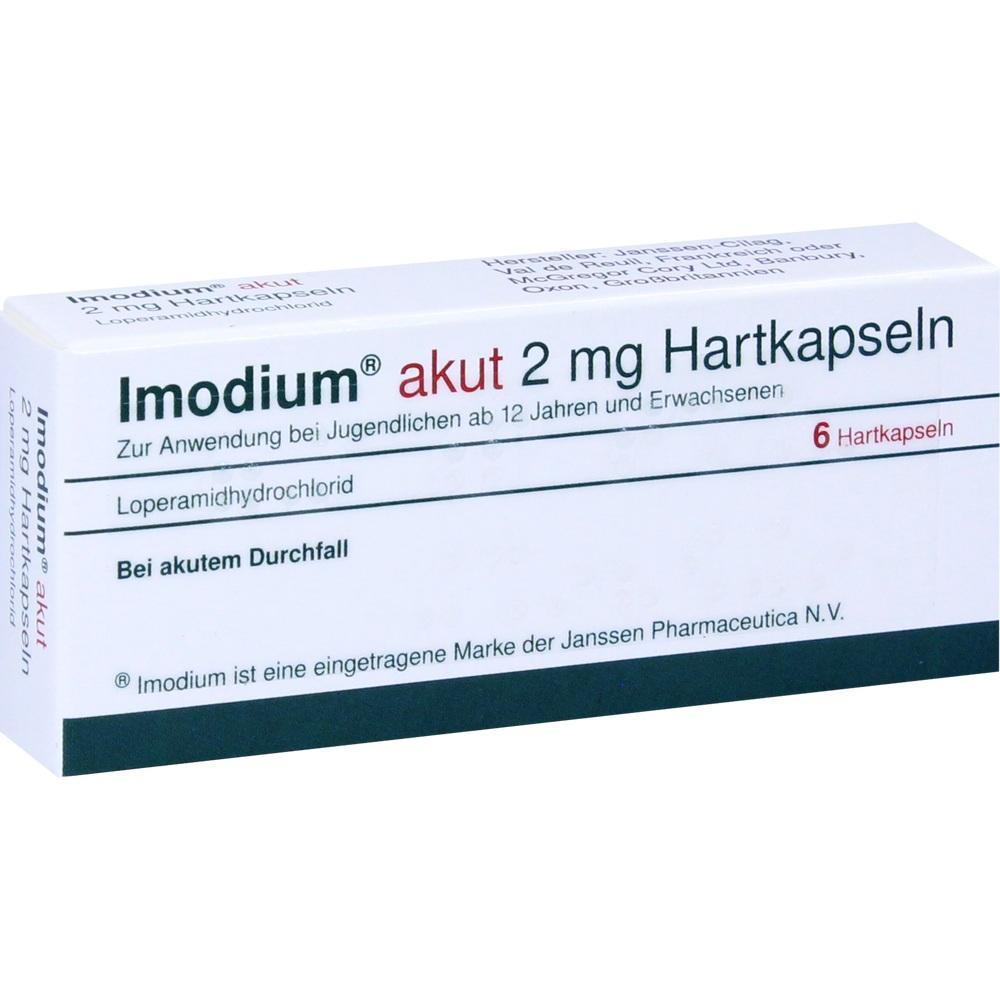 Packung mit 6 Imodium-Kapseln gegen akuten Durchfall.