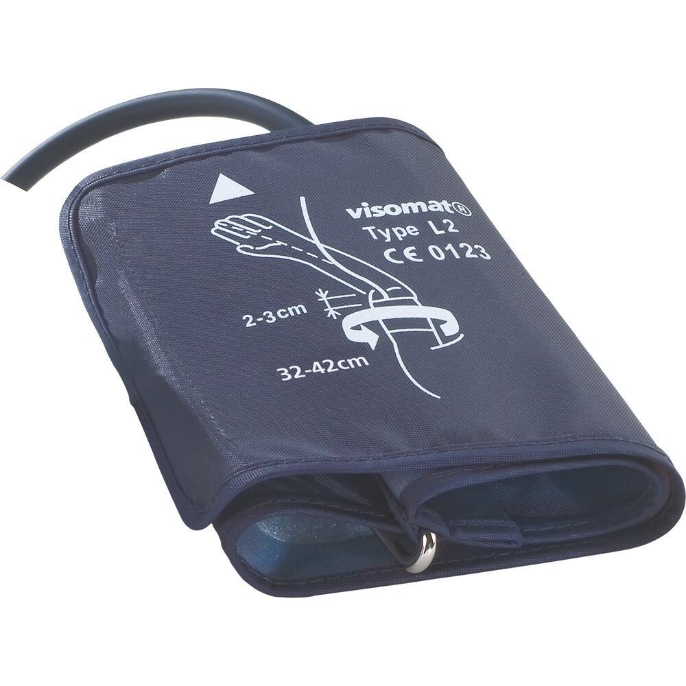 Ein dunkelblaues Blutdruckmanschetten-Armband mit Aufdruck, das 32-42 cm Anleitungen zeigt.