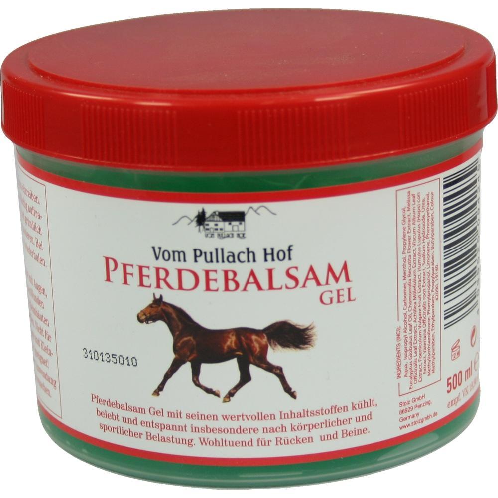 Rundes Glas mit rotem Deckel und der Aufschrift "Pferdebalsam Gel" auf dem Etikett.