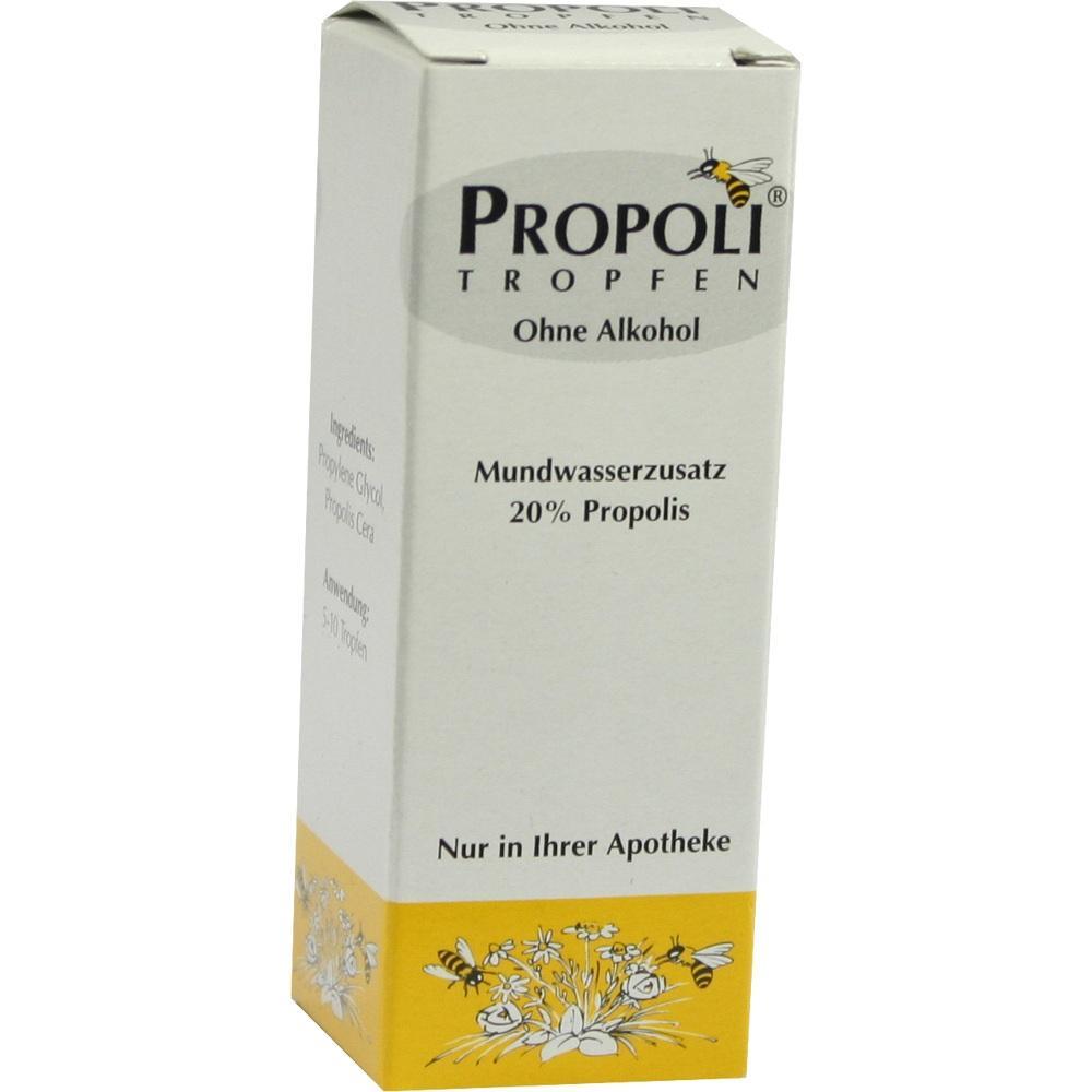 Wei&szlig;e Box mit der Aufschrift "Propolis Tropfen, ohne Alkohol, Mundwasserzusatz".