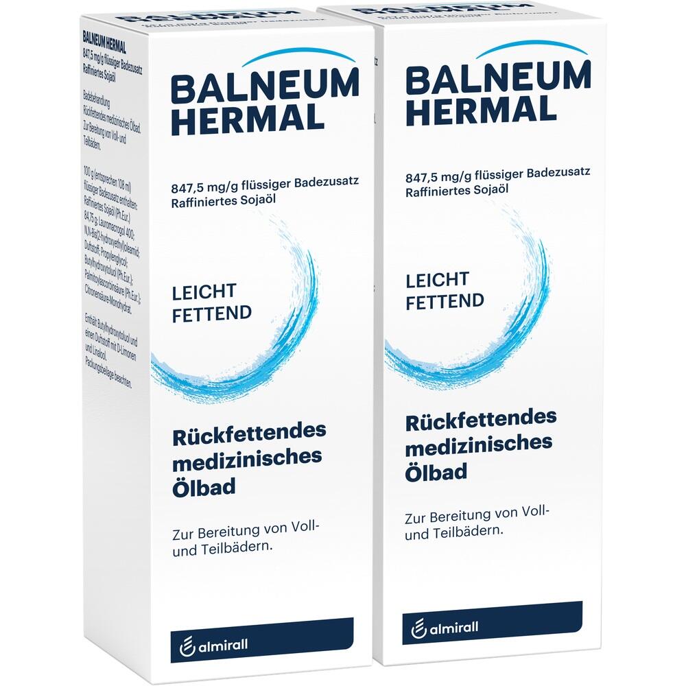 Zwei Verpackungen eines medizinischen Ölbads mit der Aufschrift "Balneum Hermal".