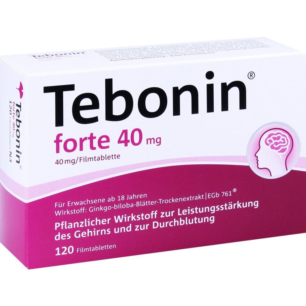 Packung Tebonin forte 40 mg Tabletten zur Unterstützung der Gehirnleistung und Durchblutung.