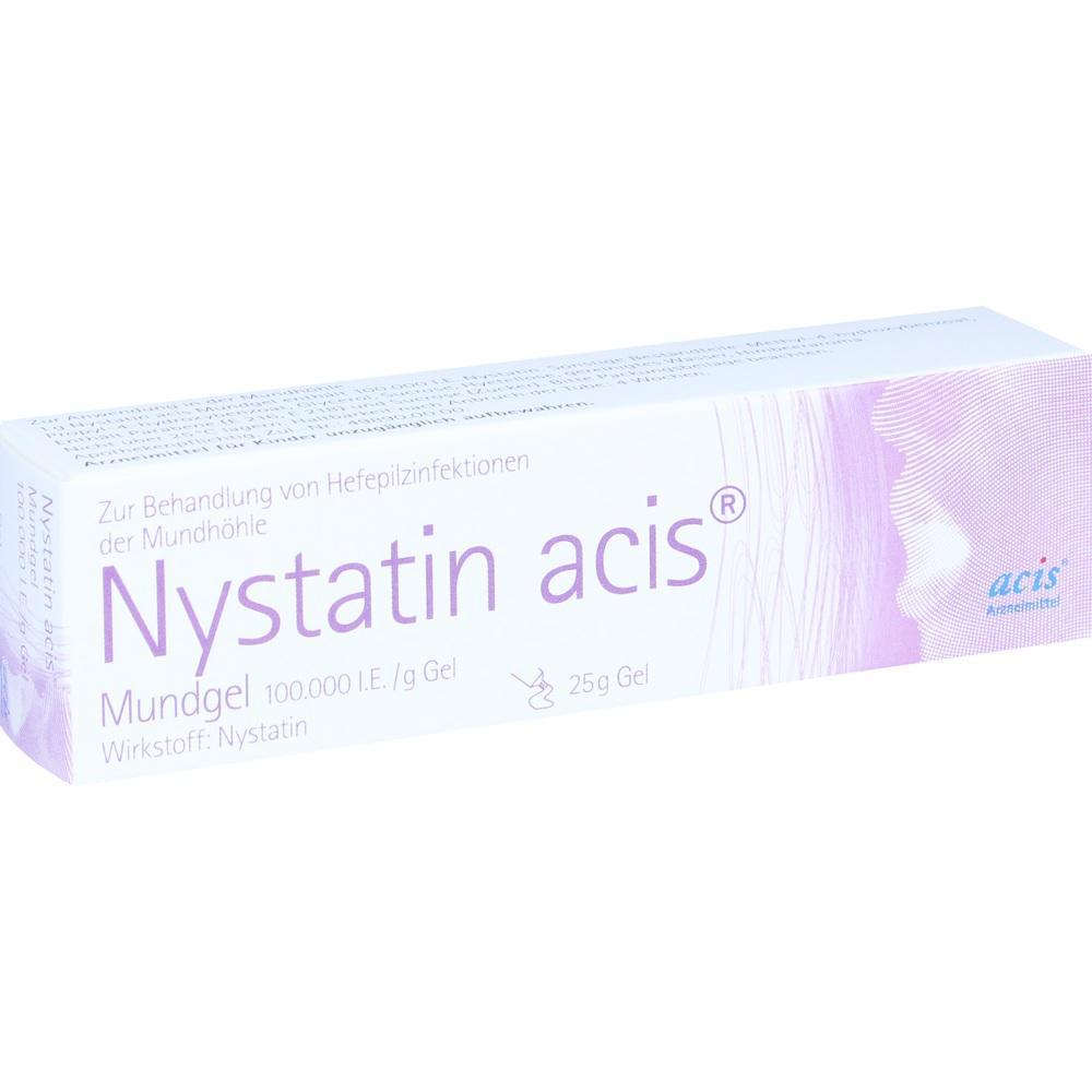 Eine Packung von Nystatin Acis Mundgel zur Behandlung von Hefepilzinfektionen im Mund.