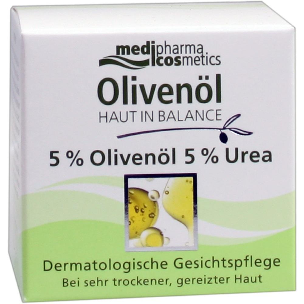 Verpackung für Gesichtscreme mit Olivenöl und Urea gegen trockene, gereizte Haut.