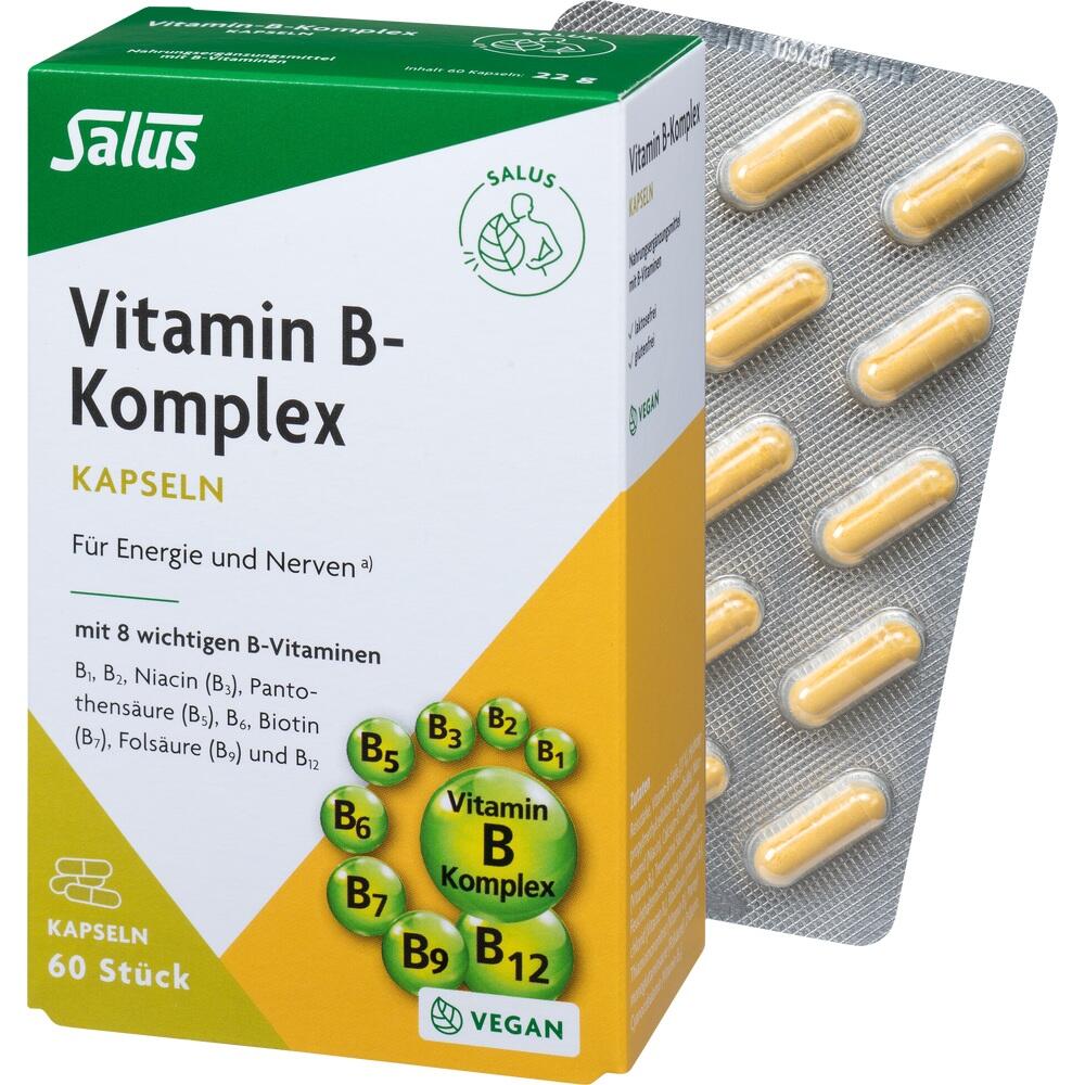 Eine Packung Vitamin B-Komplex Kapseln mit einer Blisterverpackung.