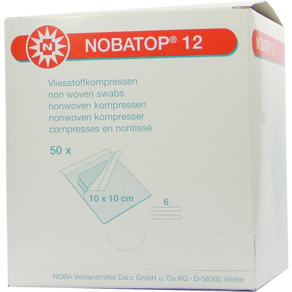 Wei&szlig;e Verpackung mit der Aufschrift "NOBATOP 12" und Bild von Kompressen.