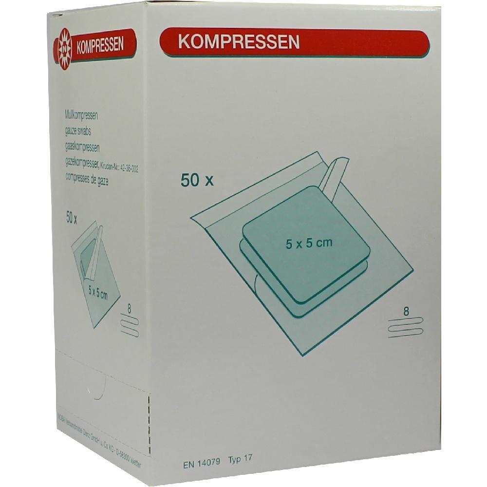 Eine Packung mit 50 Mullkompressen, 5 x 5 cm gro&szlig;.