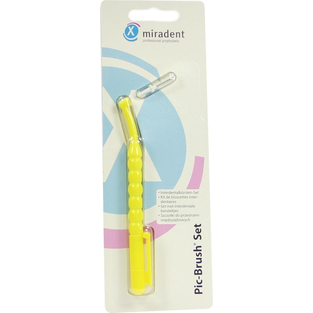 Gelbe Interdentalb&uuml;rste in einer Verpackung mit blauem Logo oben.