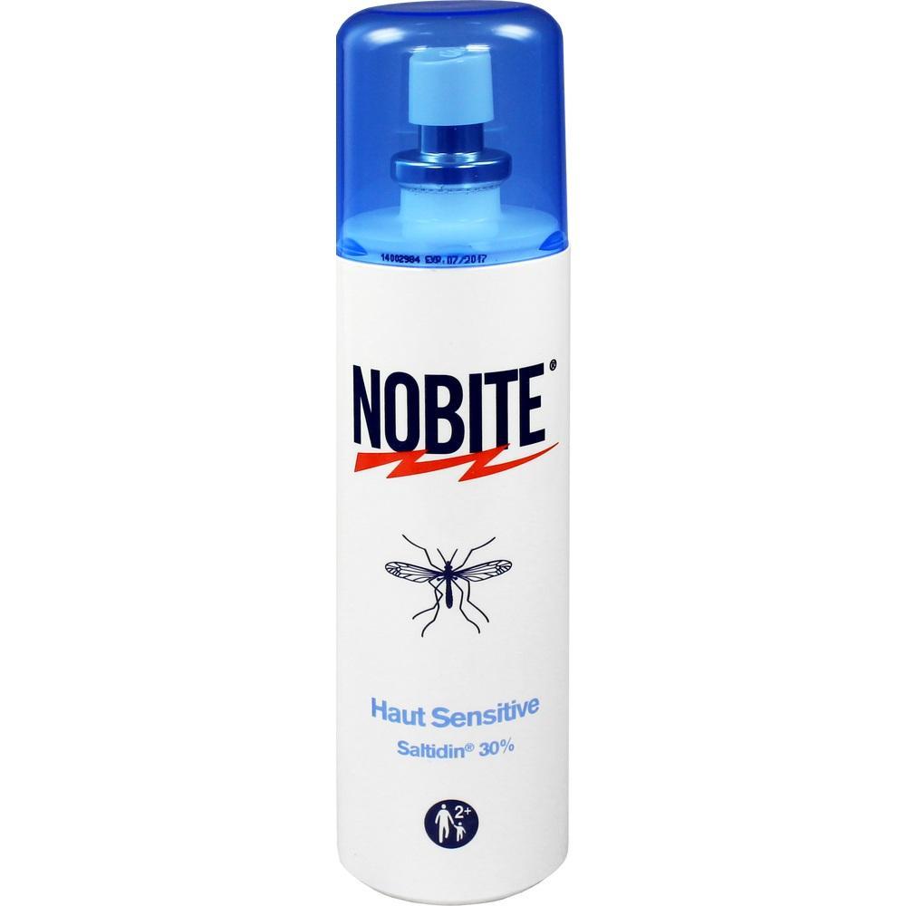 Weiße Sprühflasche mit blauem Deckel, beschriftet mit "NOBITE" und einem Moskito.