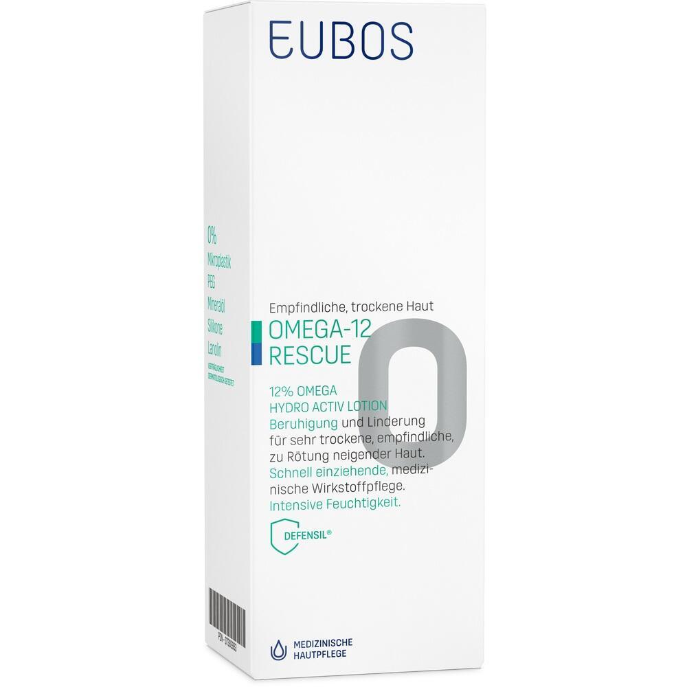 Weiße Verpackung mit blauer Aufschrift von Eubos Omega-12 Rescue Lotion für trockene Haut.