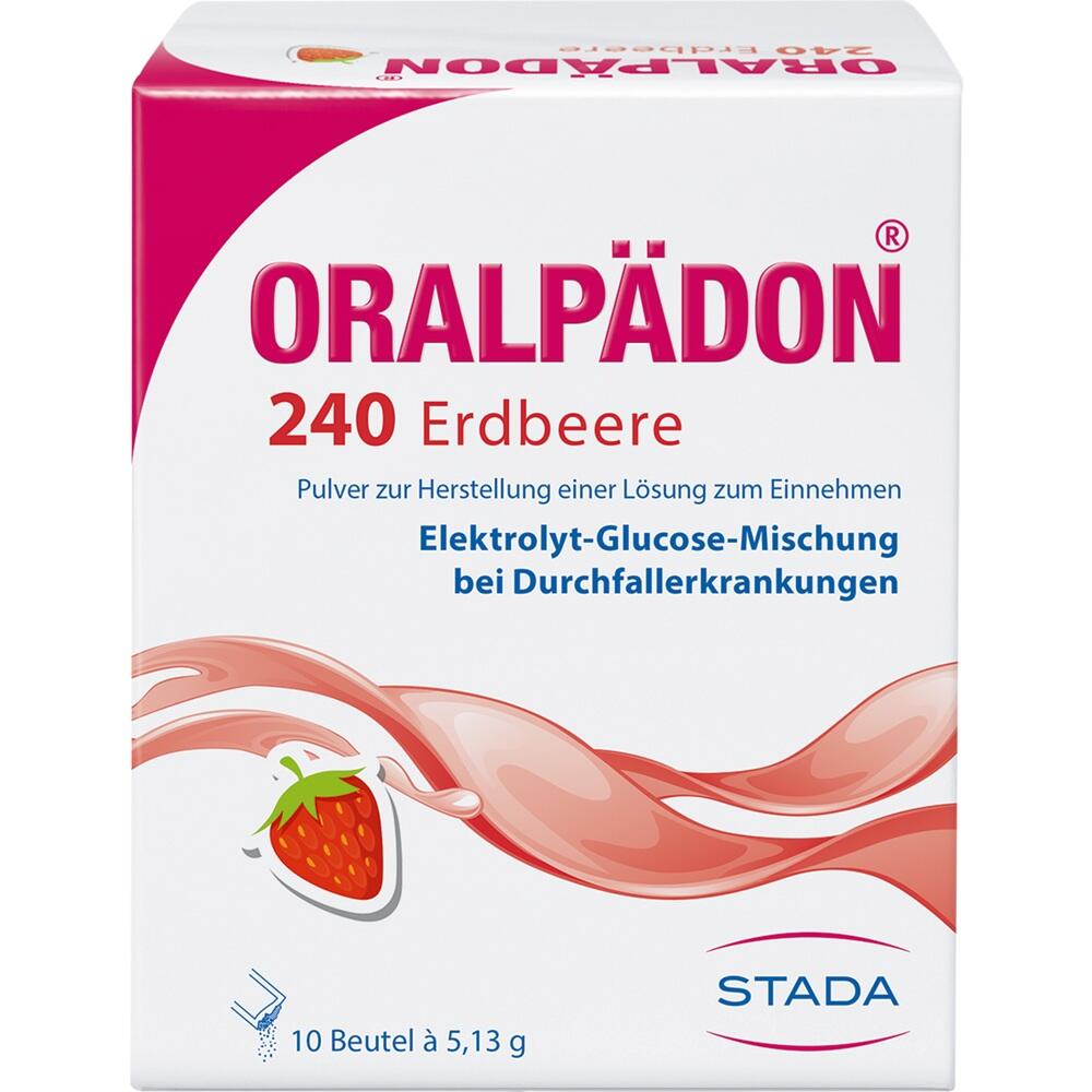Weiße Verpackung von Oralpädon Erdbeere, Elektrolyt-Glucose-Mischung bei Durchfall.