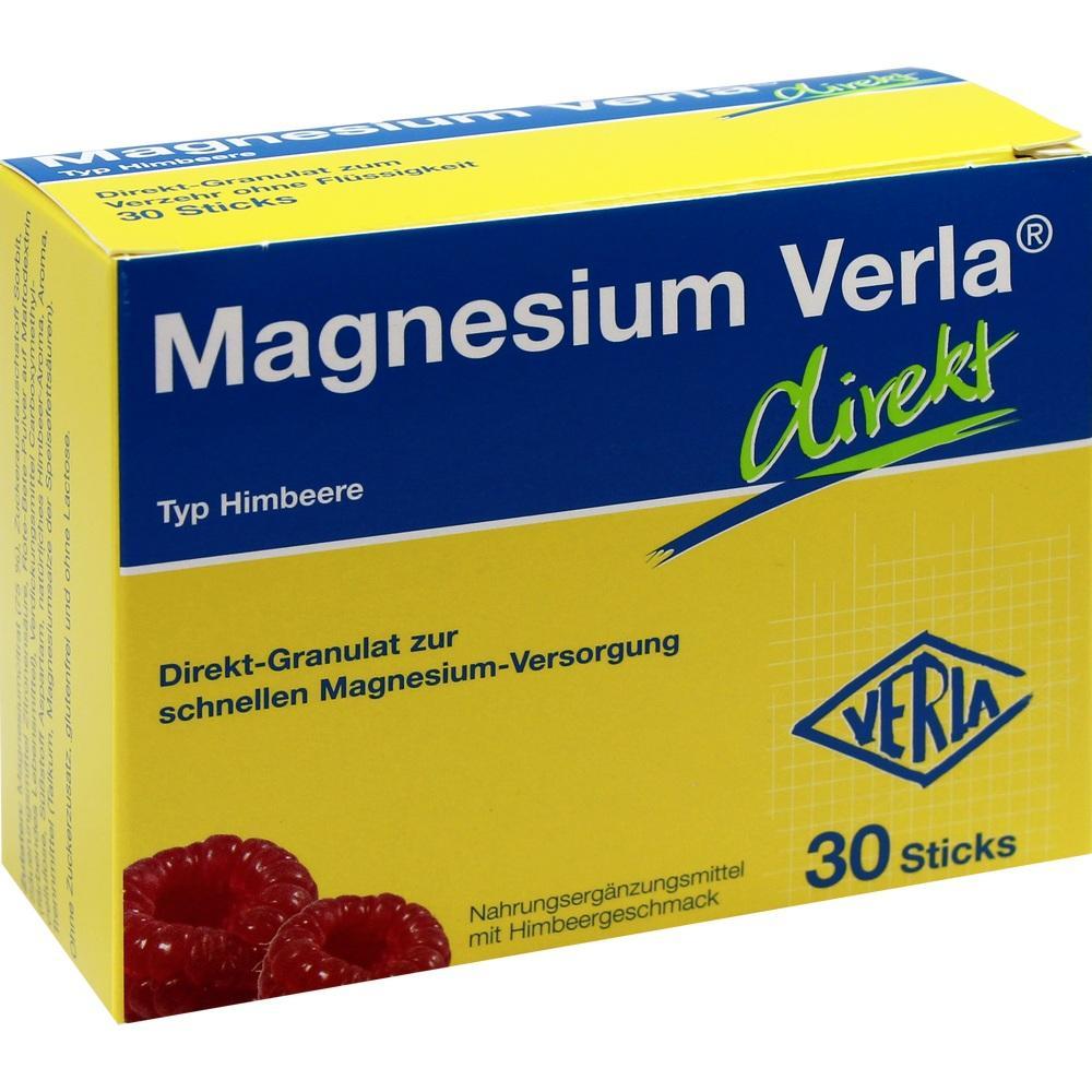 Gelbe und blaue Packung mit Magnesium-Granulat, Himbeergeschmack, 30 Sticks.