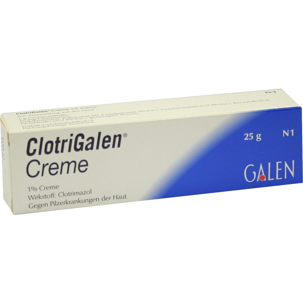 Eine cremefarbene Schachtel mit blauer Seite, darauf steht "ClotriGalen Creme".