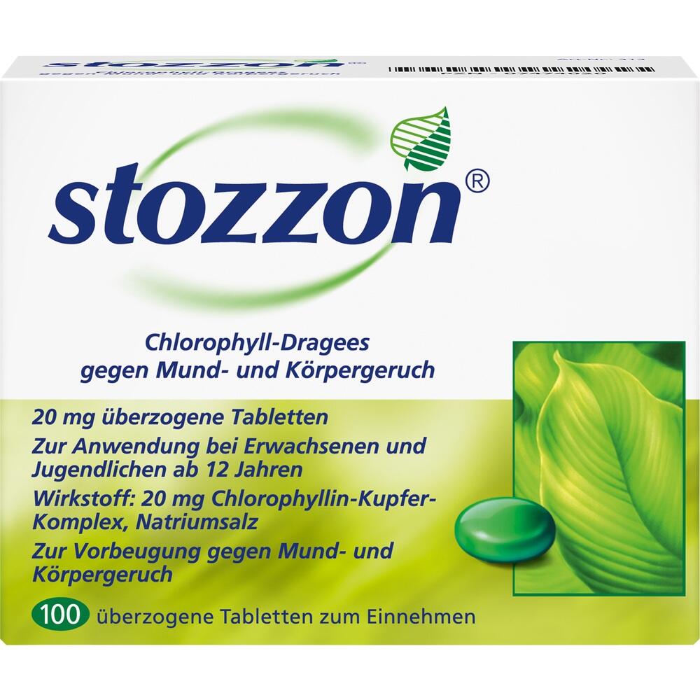Packung für Tabletten gegen Mund- und Körpergeruch mit grünem Blattdesign.