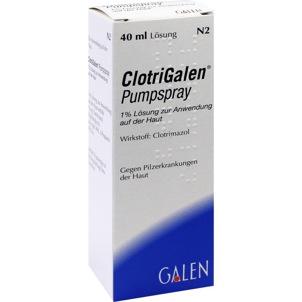 Weiße Verpackung eines Clotrimazol-Sprays gegen Hautpilz.