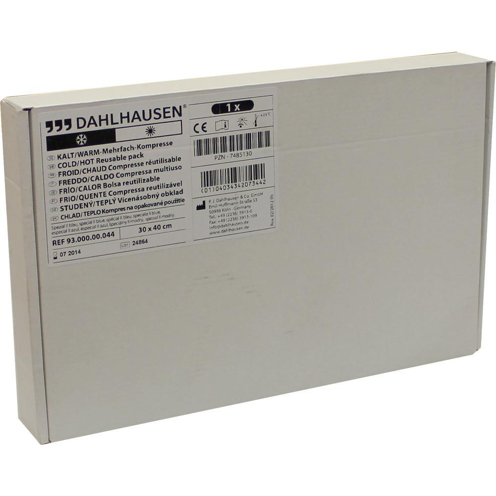 Ein wei&szlig;er Karton mit einem Etikett f&uuml;r eine wiederverwendbare Kalt-/Warm-Kompresse.